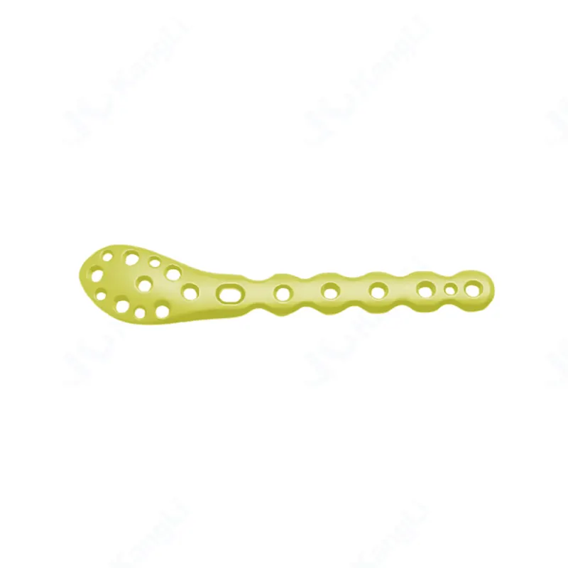 One elongated perforated orthopaedic plate lies horizontally on a plain white background, with 11 visible openings in its broad left section.