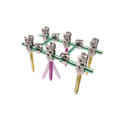 Ten silver-gray clamp-like heads arranged around two parallel green rods with gold and purple threaded screw shafts and shorter diagonal connectors.