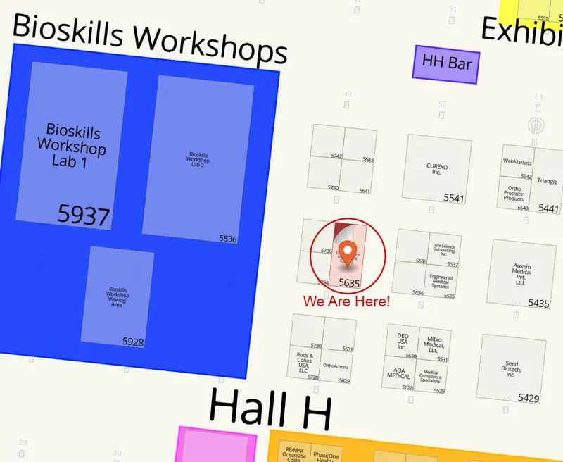 Convention-centre floor-plan graphic with Hall H, a blue Bioskills Workshops zone, three labelled workshop spaces numbered 5937, 5836 and 5928, and a purple HH Bar.