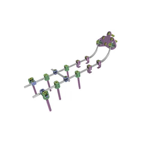 Assembled spinal fixation construct with two parallel silver rods, six green rod-and-screw assemblies, and two transverse connector bars on a plain white background.
