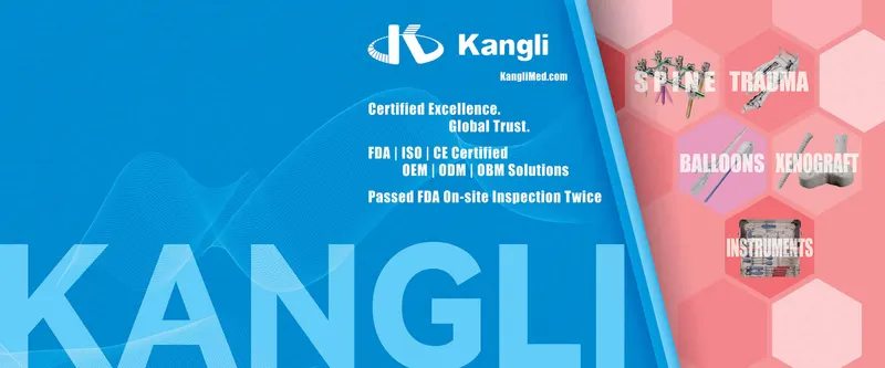 Blue promotional banner with the Kangli wordmark, pale wave shapes and product illustrations, plus printed claims reading FDA, ISO, CE, OEM, ODM, OBM and FDA on-site inspection cla