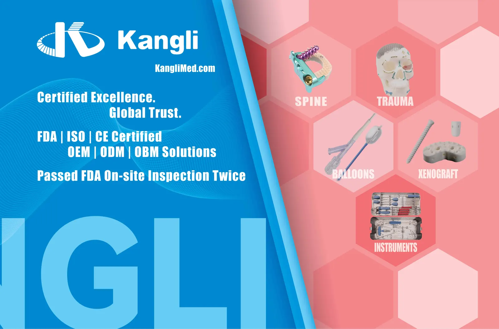 Promotional AAOS 2025 banner with blue and coral hexagonal panels, five labelled product cells, Kangli branding and orthopaedic solution text.
