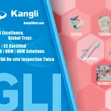 Promotional AAOS 2025 banner with blue and coral hexagonal panels, five labelled product cells, Kangli branding and orthopaedic solution text.