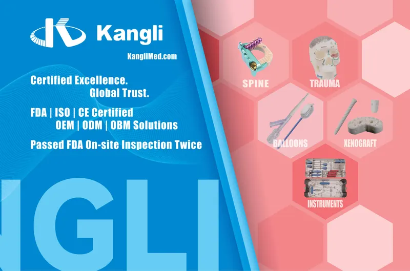 Promotional AAOS 2025 banner with blue and coral hexagonal panels, five labelled product cells, Kangli branding and orthopaedic solution text.