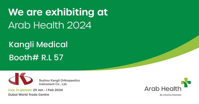 Green-and-white Arab Health 2024 promotional banner with Kangli branding, the text We are exhibiting at, and booth R.L 57.