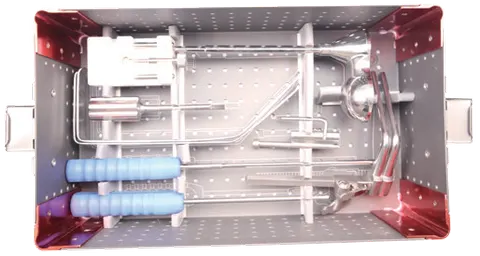 Cervical fusion instrument set laid out in its sterilisation tray