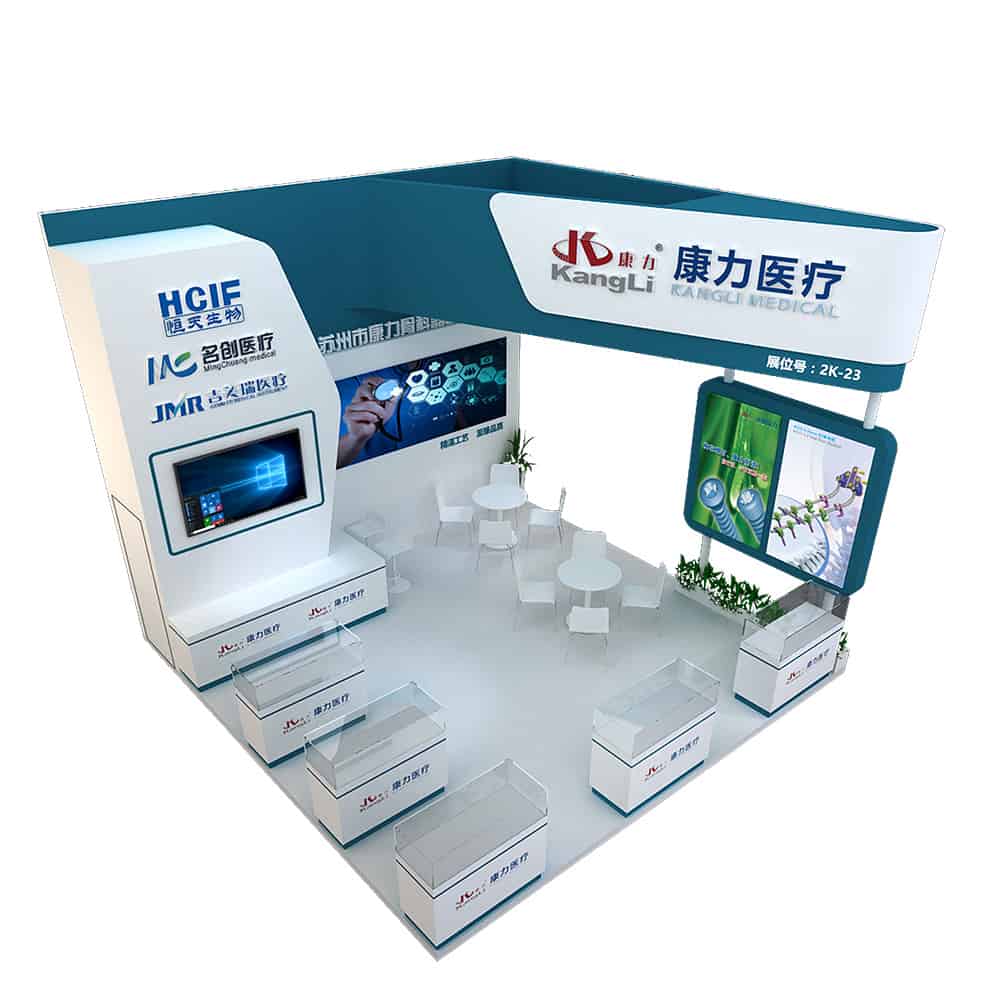 Computer-generated open-front exhibition booth render with a dark teal canopy, white fascia panels, logos, and booth number 2K-23 on a white background.