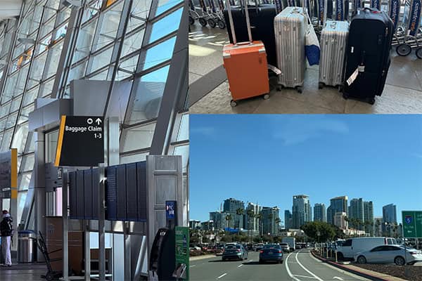 A three-panel collage shows an airport terminal, luggage beside baggage carts, and a multilane road leading toward a city skyline.