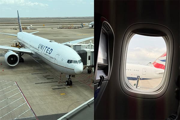 A split-screen collage shows a United passenger jet beside an airport terminal and a view from an airplane window.