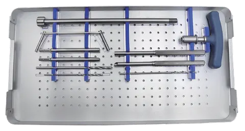 Instrument tray holding the awls, drivers and impactors used to place elastic nails
