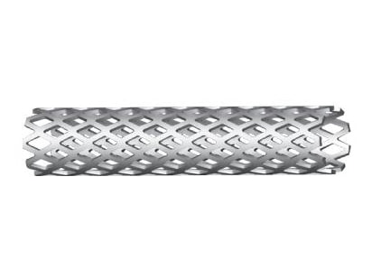 Elongated cylindrical cage formed by intersecting diagonal struts, with rows of diamond-shaped openings and irregular stepped ends, shown horizontally on white