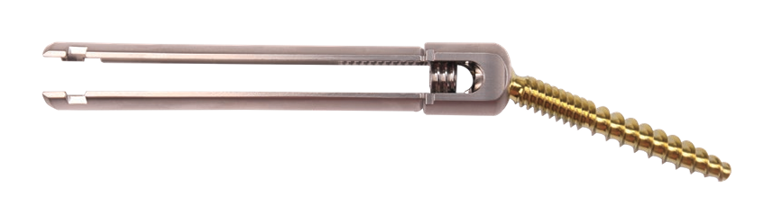 Pale rose-metallic U-shaped driver with long parallel notched arms holds a gold threaded screw in its rounded right-side head against a black background