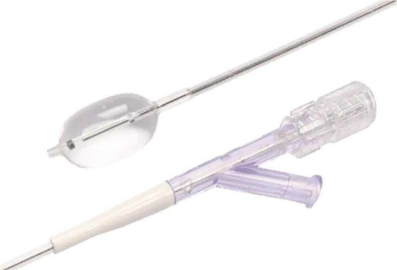 Two elongated assemblies with silver shafts and milky translucent oval balloon components arranged against a black background.