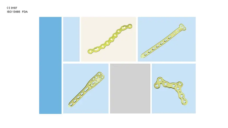 Four yellow-green locking plates displayed in separate coloured panels on a white background, including curved, narrow, elongated, and branching plate forms.