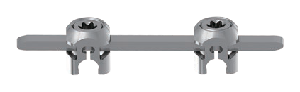 Transverse connector: a straight bar carrying two slotted clamp heads, each with a recessed set screw