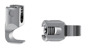 Two views of a laminar hook: a slotted rod housing above a smooth blunt hook