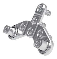 Occipital plate with three arms of screw holes and two rod clamps rising from the body