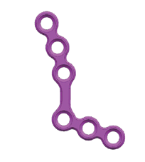 Anatomic L plate with a stepped row of round screw holes turning through a right angle