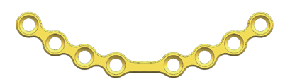 Arc-shaped plate curving in a shallow crescent through eight holes