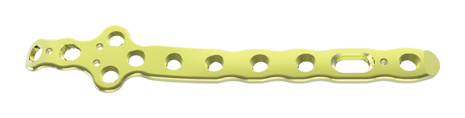 Elongated gently curved plate on black, with a broad irregular left end containing clustered circular and oblong openings, and four circular shaft holes