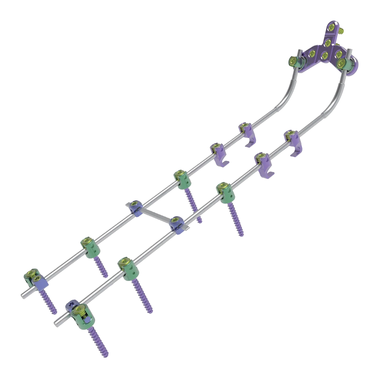 Two curved silver-gray rods form a diagonal assembly with purple saddle clamps, green housings, a cross-link and five projecting threaded shafts against black