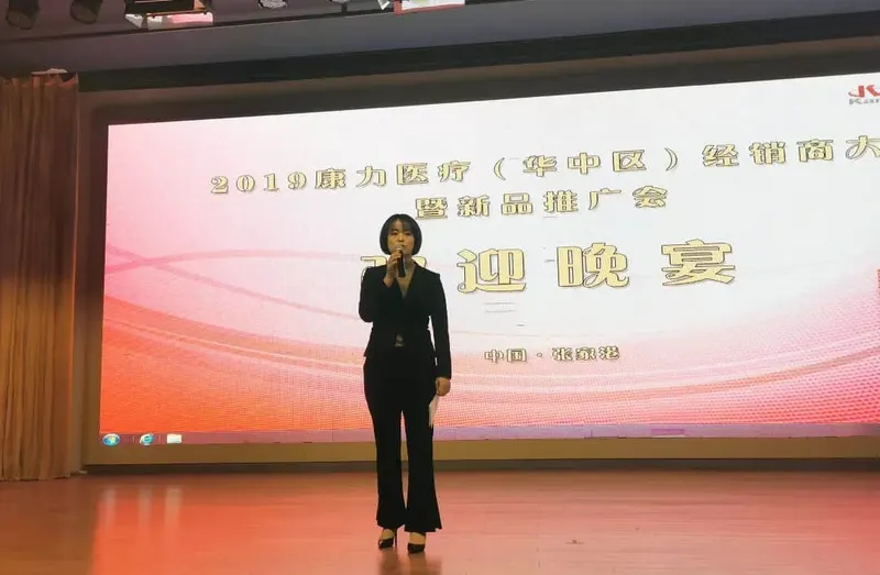 One speaker stands on a stage holding a microphone before a projected event slide, with curtains and a wooden floor behind.