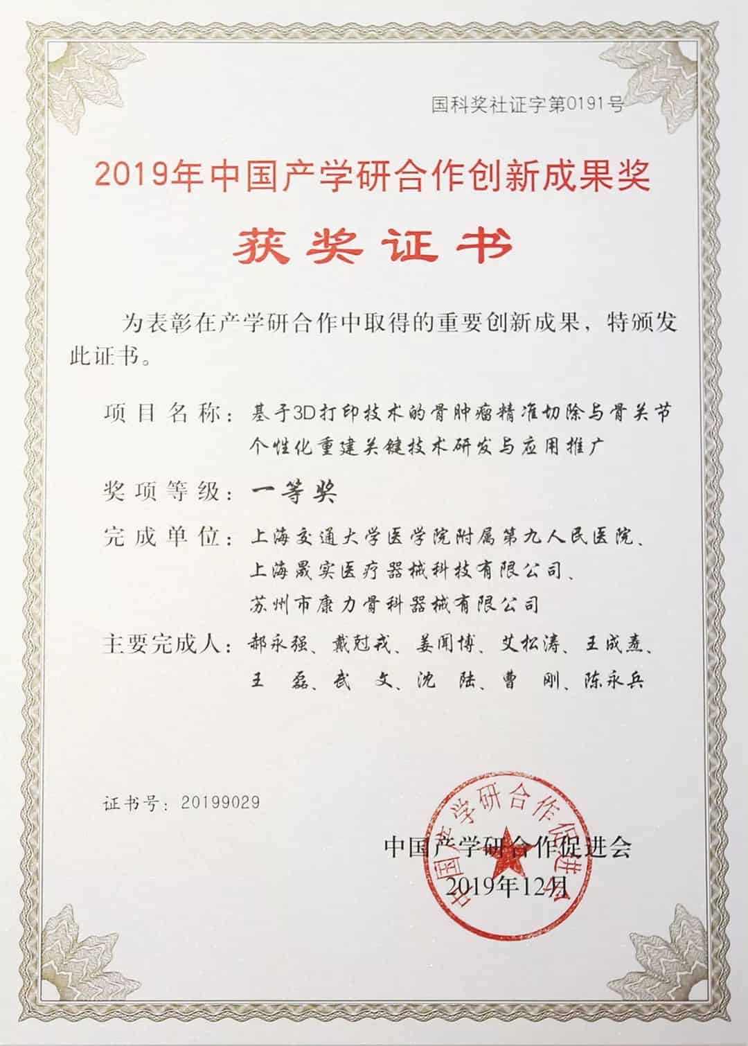 A printed award certificate with a pale ornamental border, red title lettering, a red official seal, and a project description fills the frame.