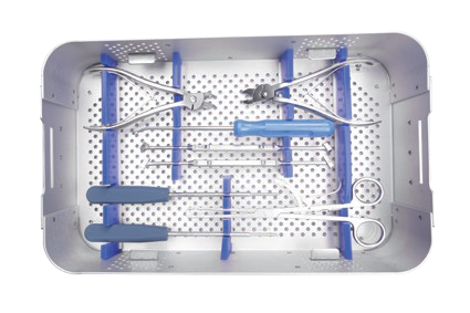 Posterior cervical instrument tray with drivers, rod benders and forceps laid in its case