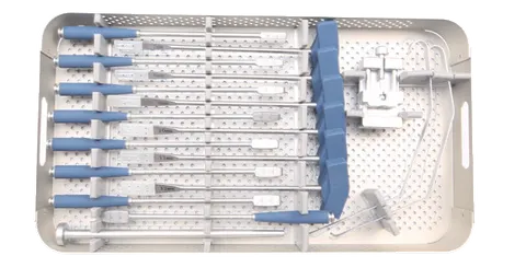 Thoracolumbar fusion instrument tray holding trial spacers, inserters and impactors