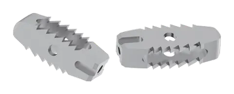 Two views of a titanium interbody cage: a machined metal block with saw-tooth ridges along its long faces and an open central window