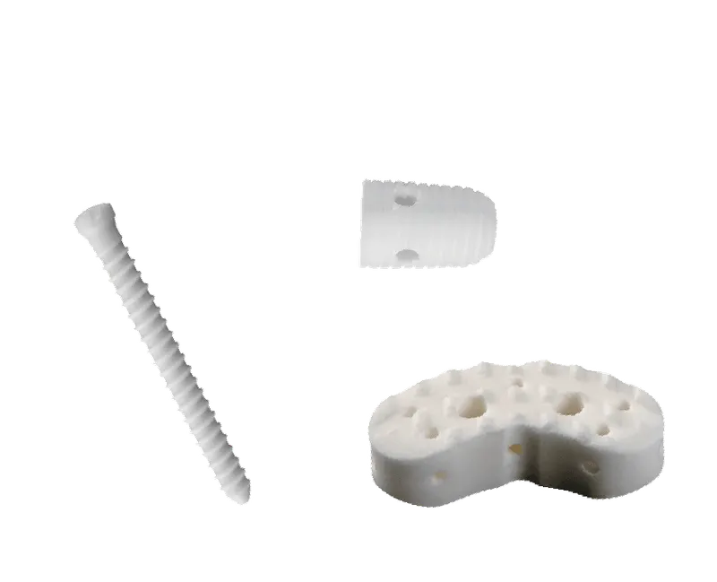 Three off-white and light-grey isolated components against a black background, including a long threaded piece and two additional device components.