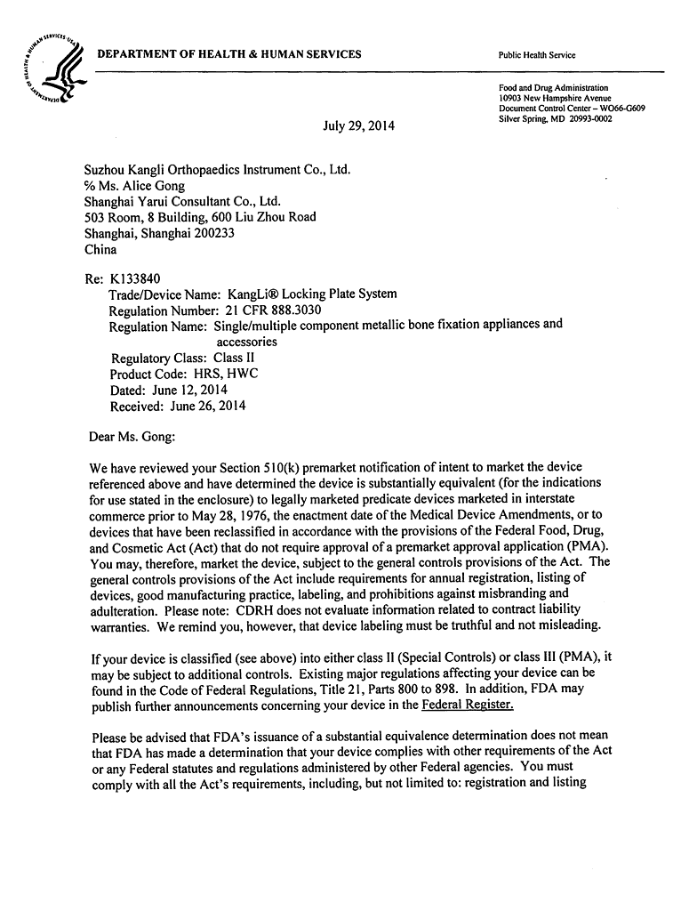 U.S. FDA 510(k) clearance letter K133840 for the KangLi Locking Plate System, issued to Suzhou Kangli Orthopaedics Instrument Co., Ltd.