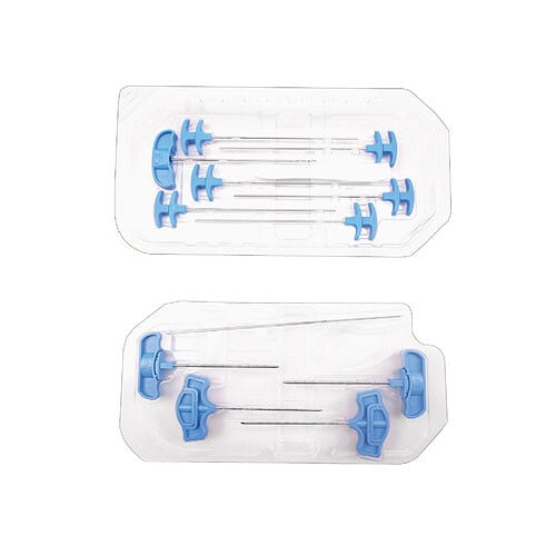 Medical instrument kit in a clear plastic packaging with blue holders and metal rods inside the tray.