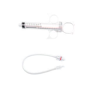 Clear syringe with measurement scale and attached tubing, used for medical injections or administering fluids.