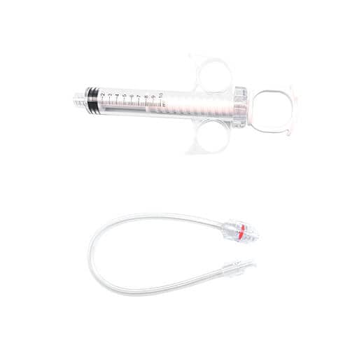 Clear syringe with measurement scale and attached tubing, used for medical injections or administering fluids.