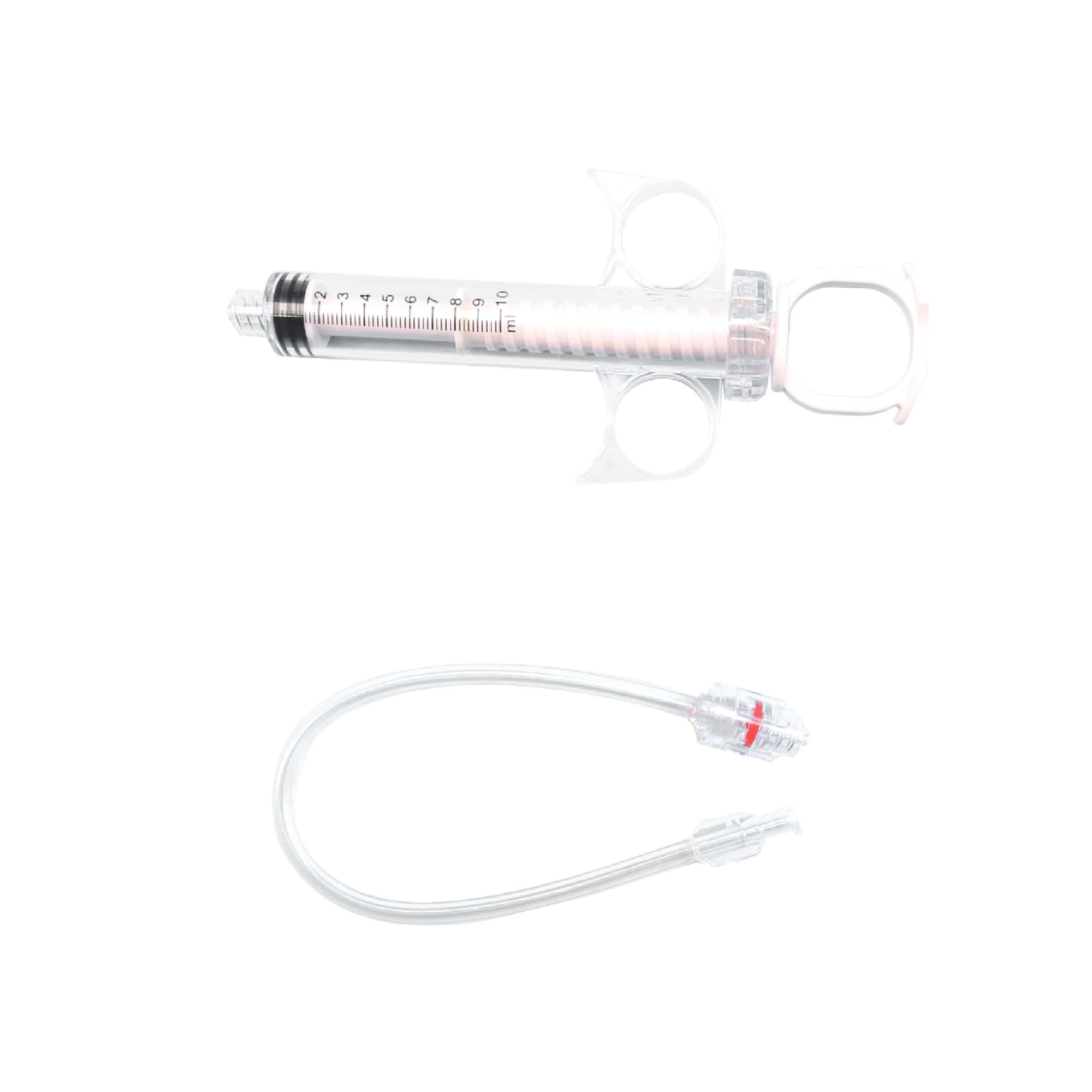 Clear syringe with measurement scale and attached tubing, used for medical injections or administering fluids.